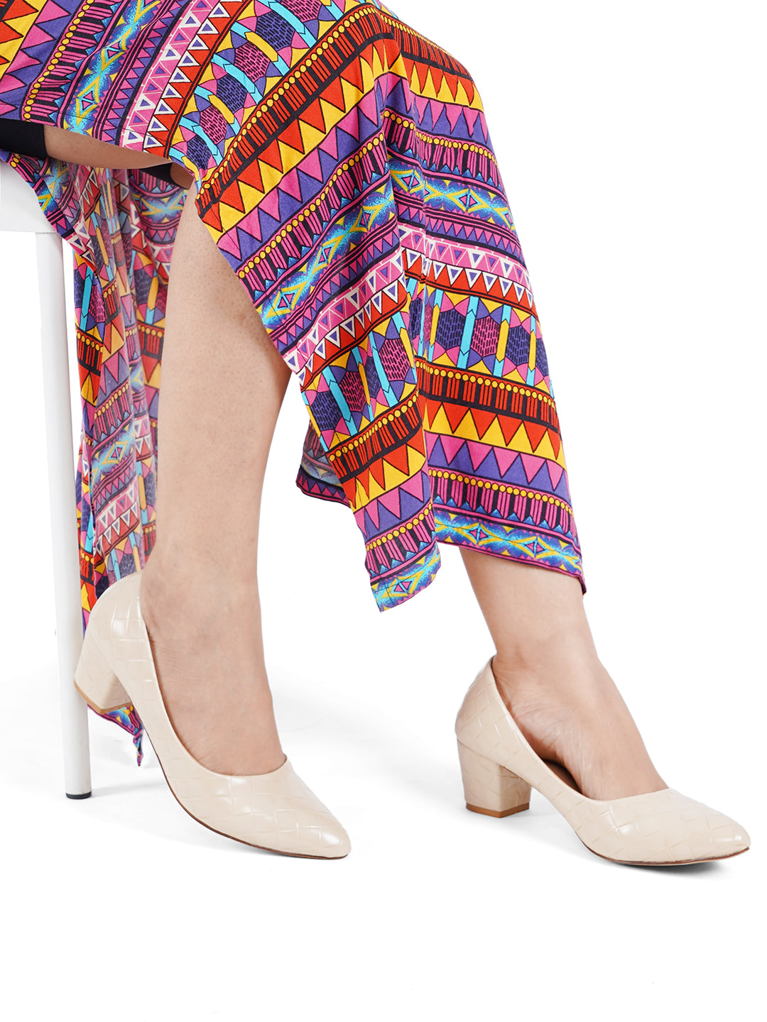 Style Shoes Cream Textured Block Heel Pumps Bellies for Women and Girls