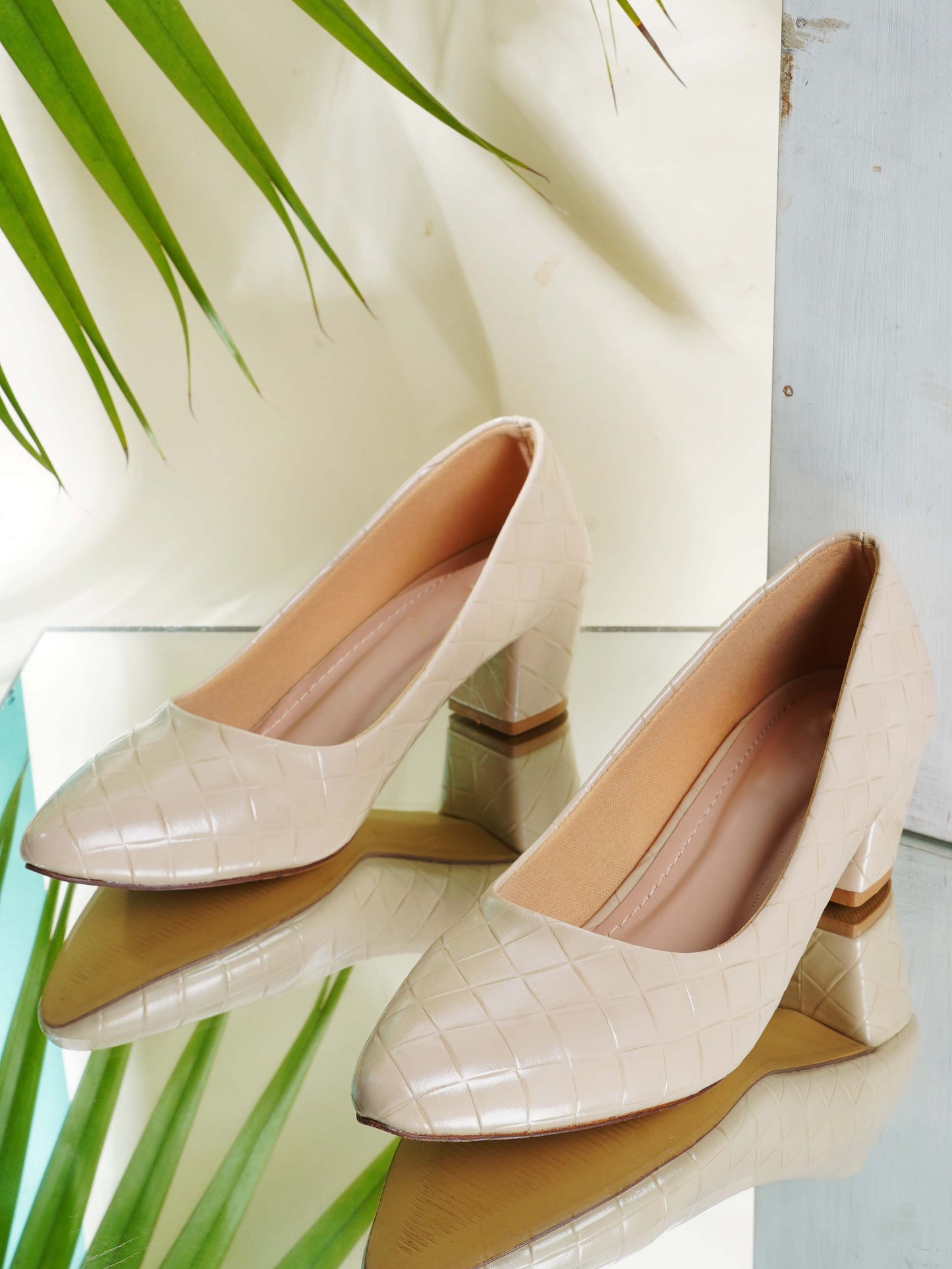 Style Shoes Cream Textured Block Heel Pumps Bellies for Women and Girls