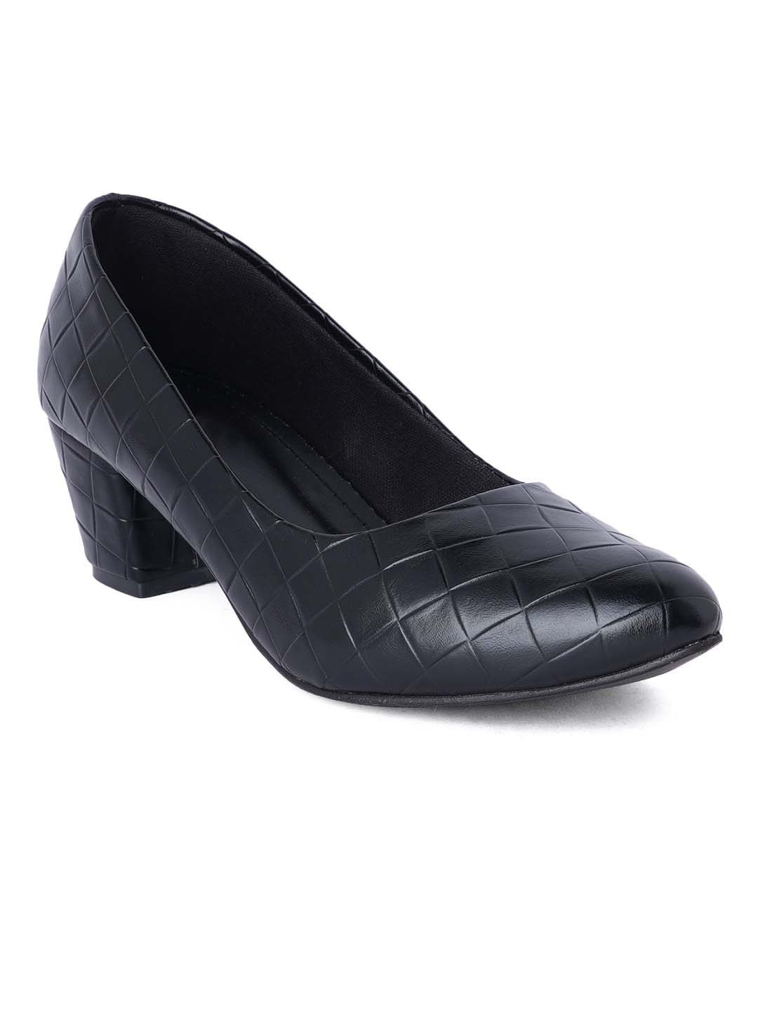 Style Shoes Black Textured Block Heel Pumps Bellies for Women and Girls