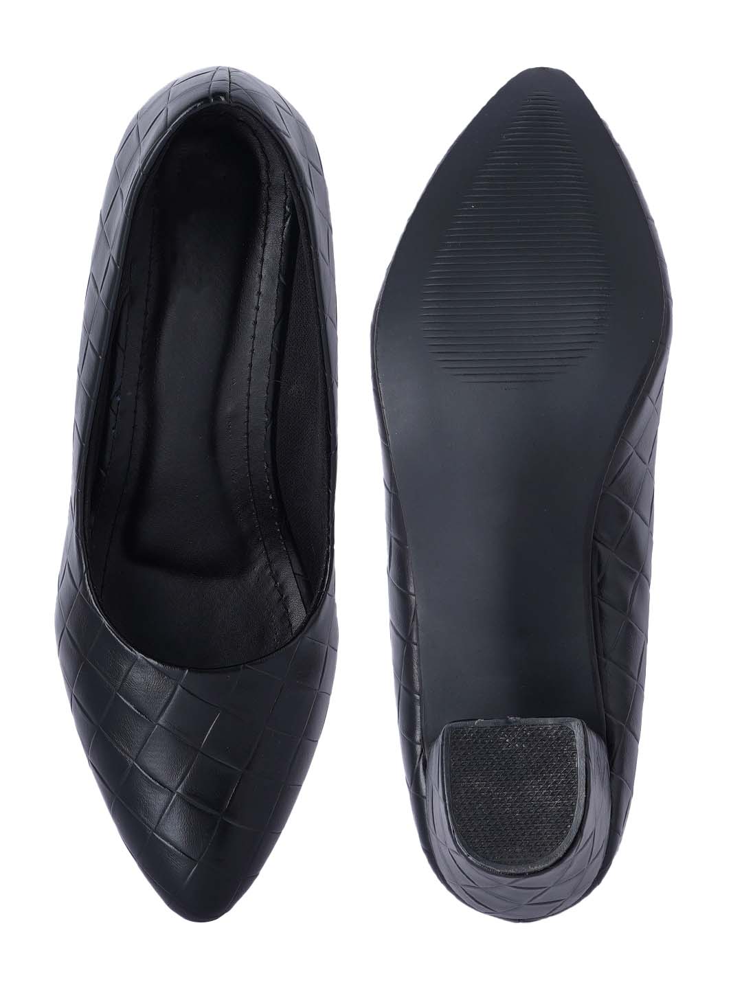 Style Shoes Black Textured Block Heel Pumps Bellies for Women and Girls