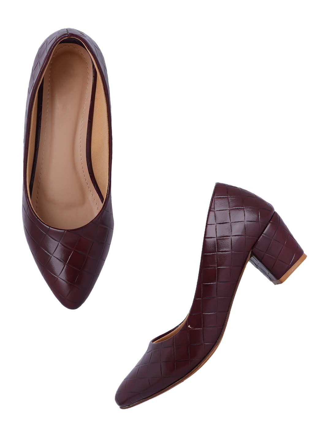 Style Shoes Maroon Textured Block Heel Pumps Bellies for Women and Girls