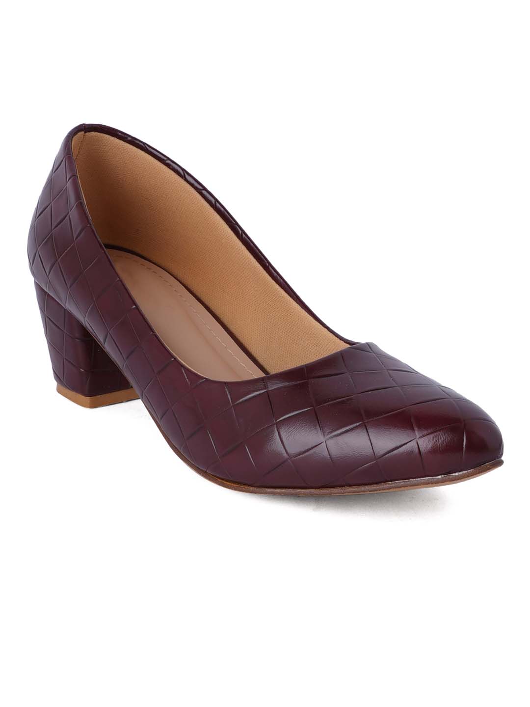Style Shoes Maroon Textured Block Heel Pumps Bellies for Women and Girls