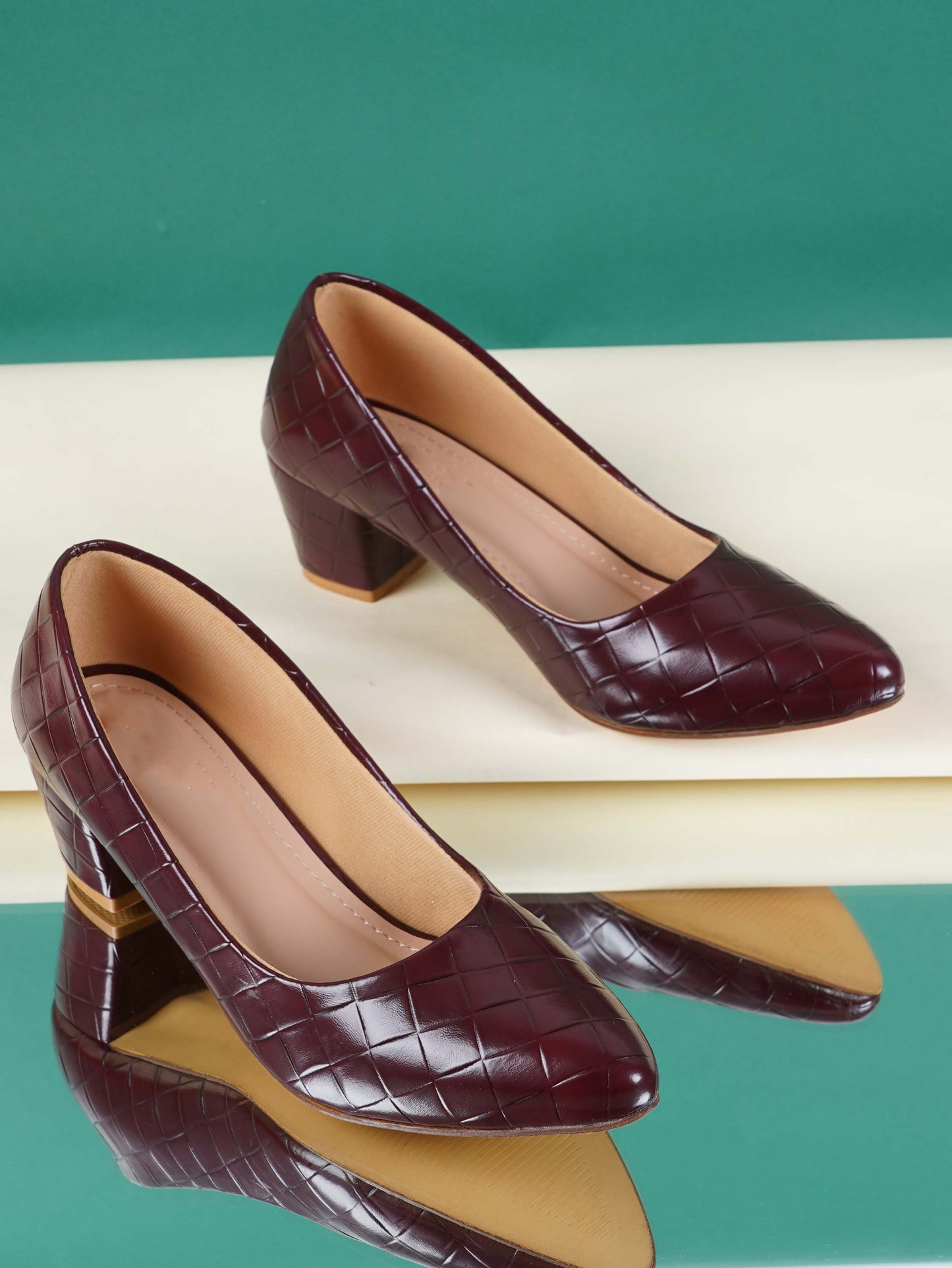 Style Shoes Maroon Textured Block Heel Pumps Bellies for Women and Girls