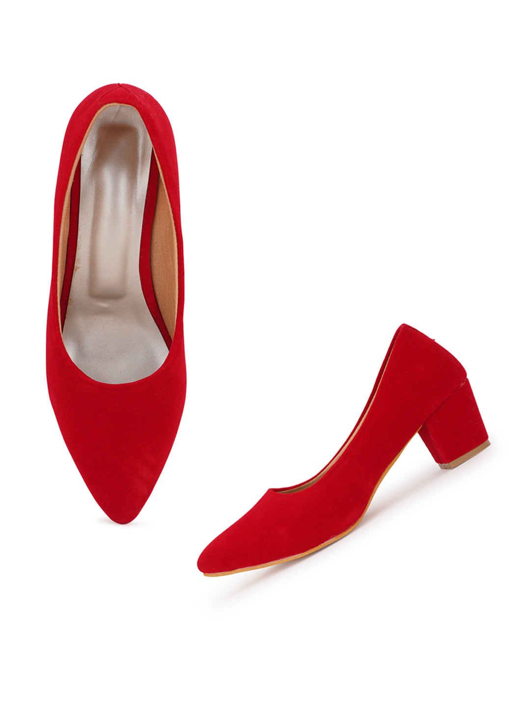 Style Shoes Red Pointed Toe Suede Block Heels Bellies for Women and Girls