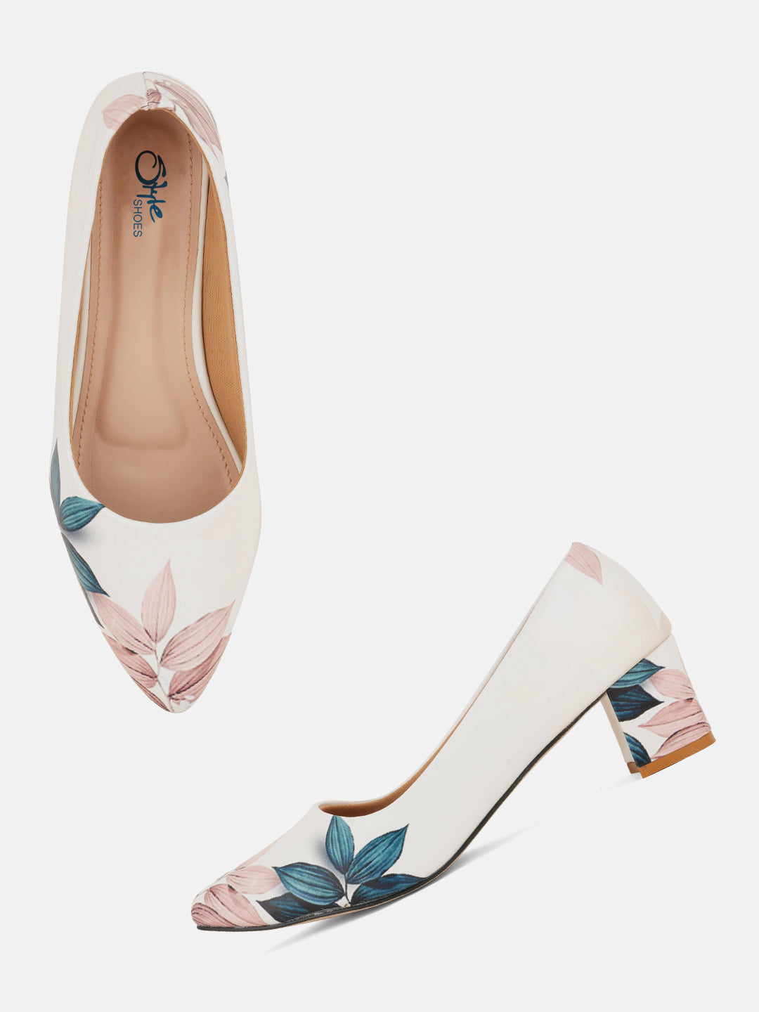 Style Shoes White Floral Printed Block Heel Pumps Bellies for Women and Girls
