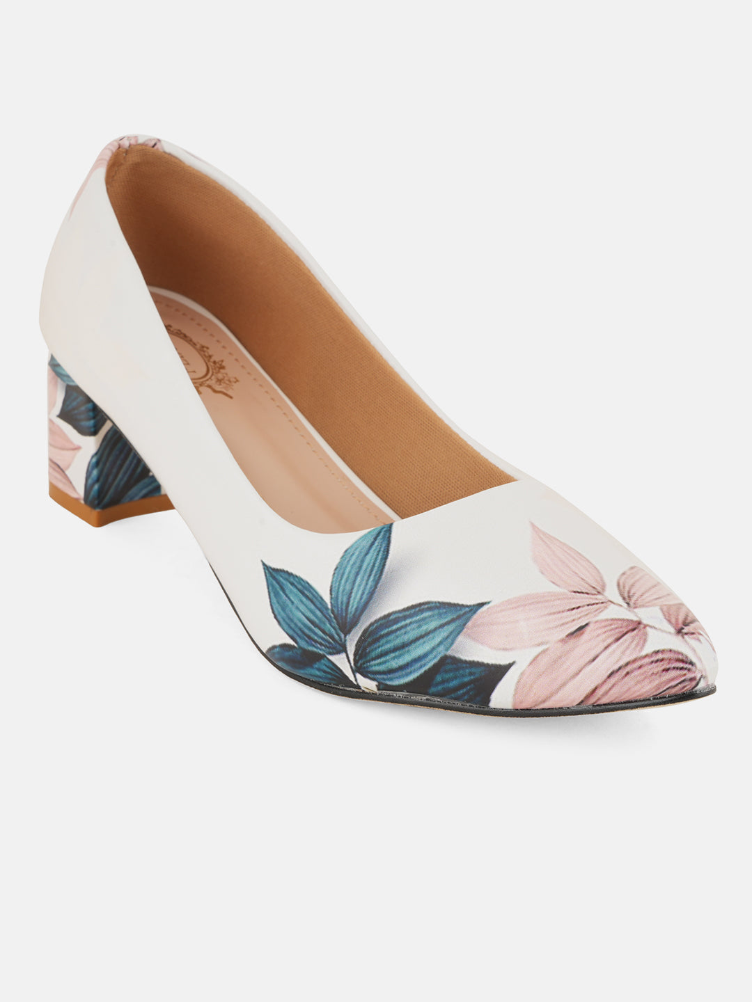 Style Shoes White Floral Printed Block Heel Pumps Bellies for Women and Girls