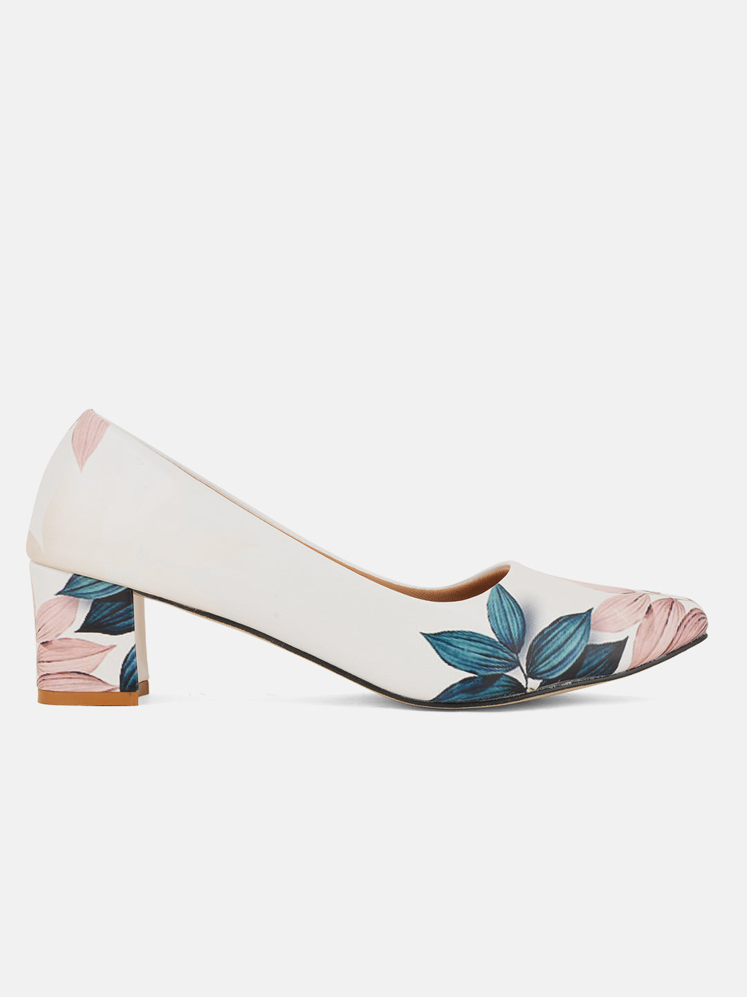 Style Shoes White Floral Printed Block Heel Pumps Bellies for Women and Girls