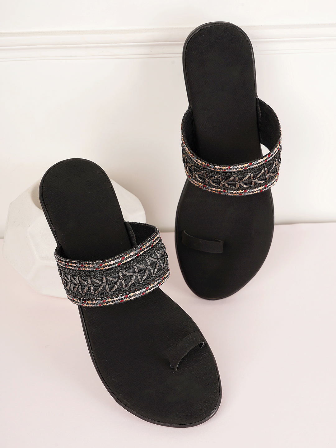 Style Shoes Black Embroidered One Toe Flats for Women & Girls