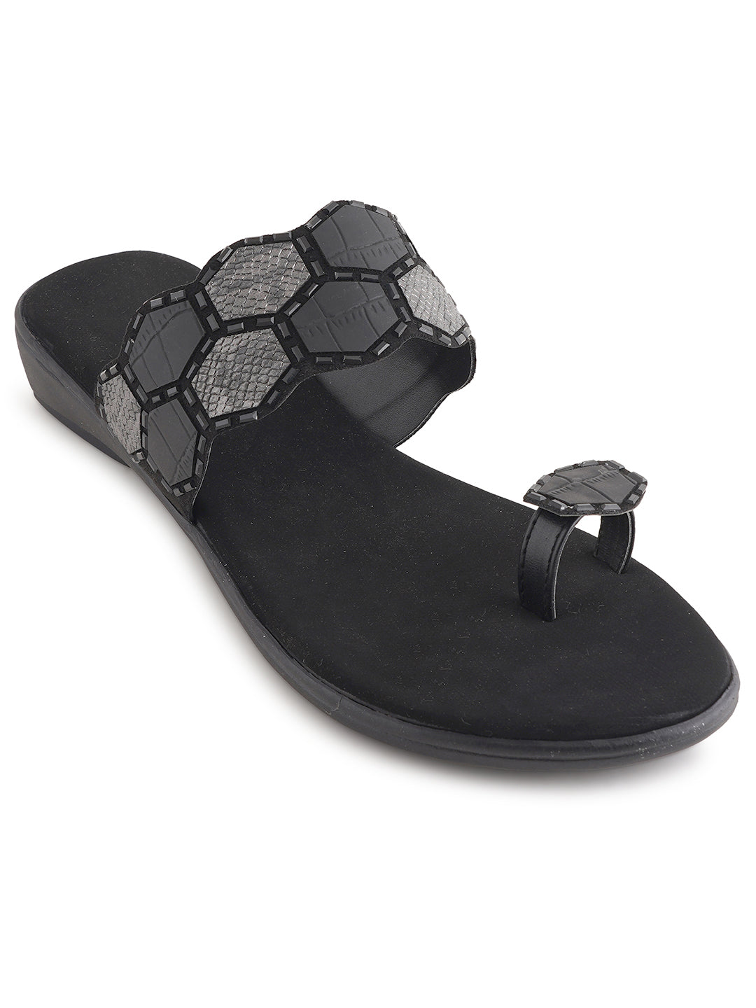 Style Shoes Black Textured One Toe Flats For Women and Girls