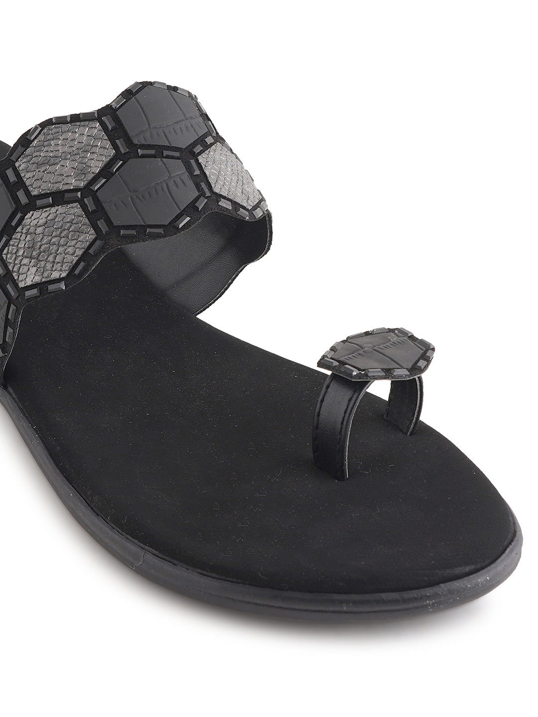 Style Shoes Black Textured One Toe Flats For Women and Girls