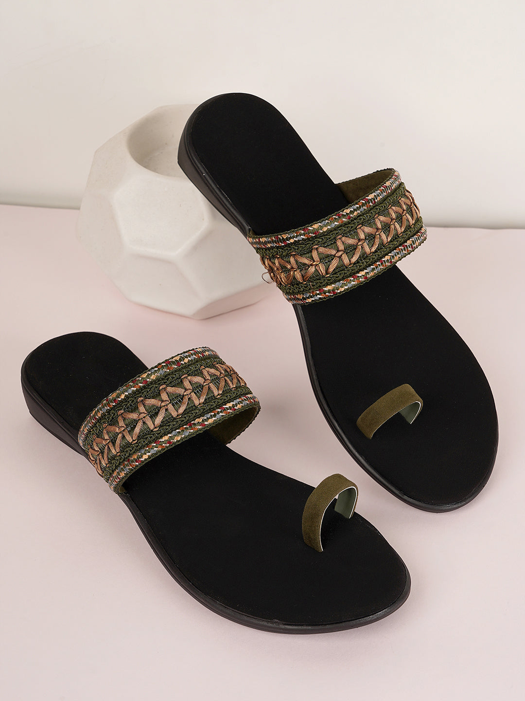 Style Shoes Green Embroidered One Toe Flats for Women & Girls