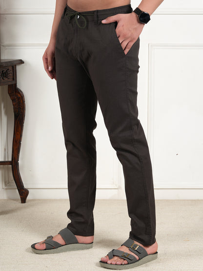 Men Relaxed Straight Leg High-Rise Easy Wash Brown Linen Trousers