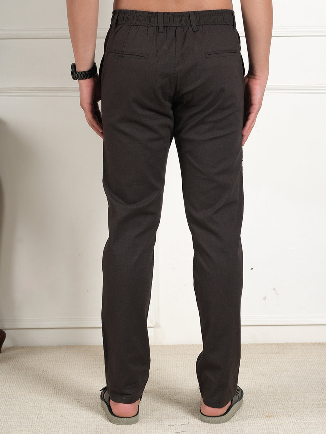 Men Relaxed Straight Leg High-Rise Easy Wash Brown Linen Trousers