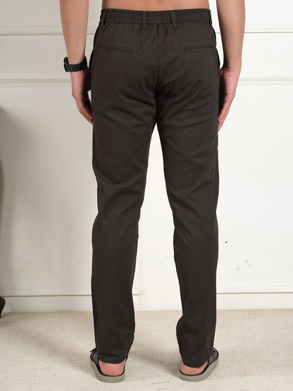 Men Relaxed Straight Leg High-Rise Easy Wash Brown Linen Trousers