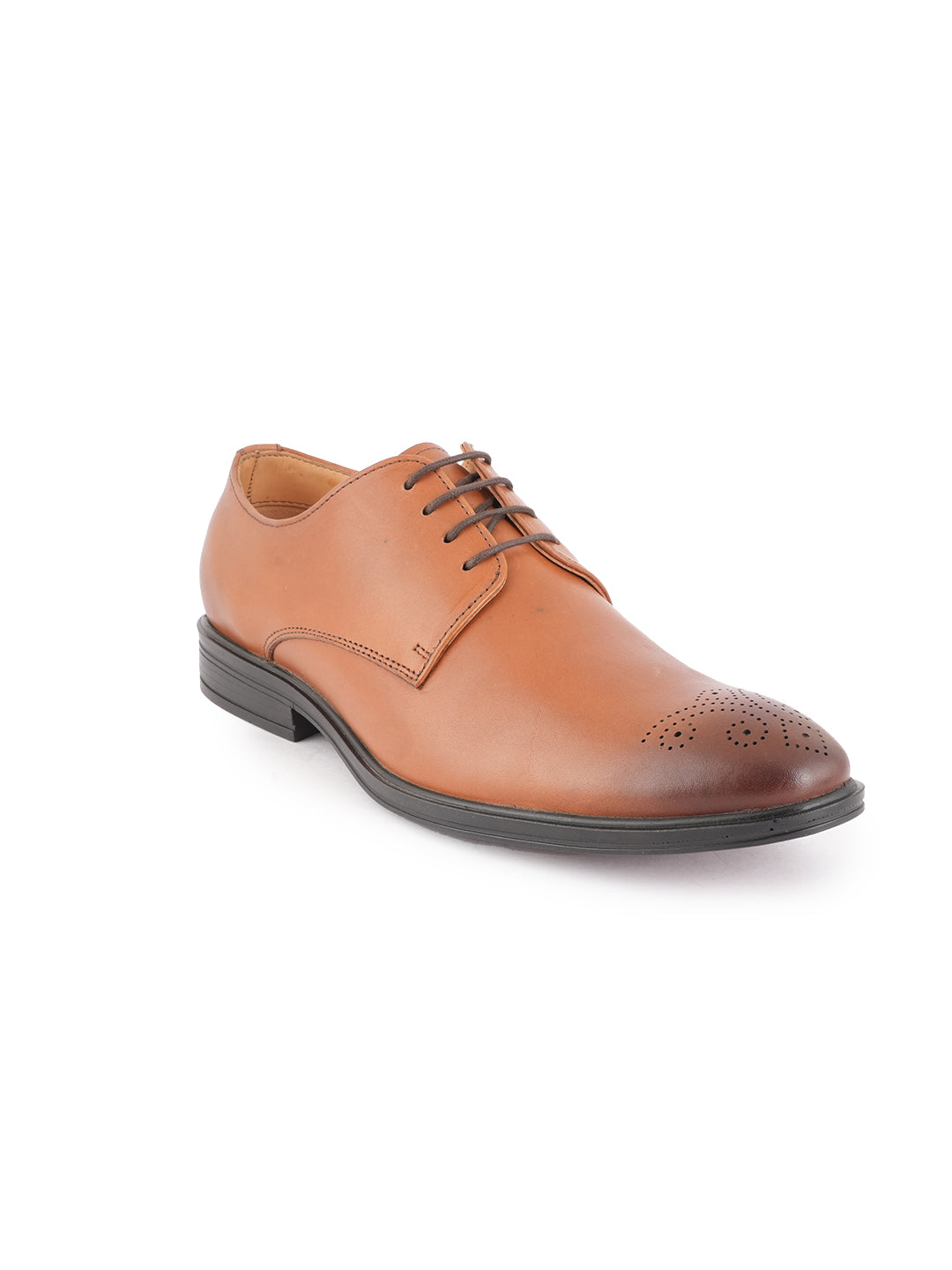 Tan Men Textured Leather Round Toe Formal Derbys