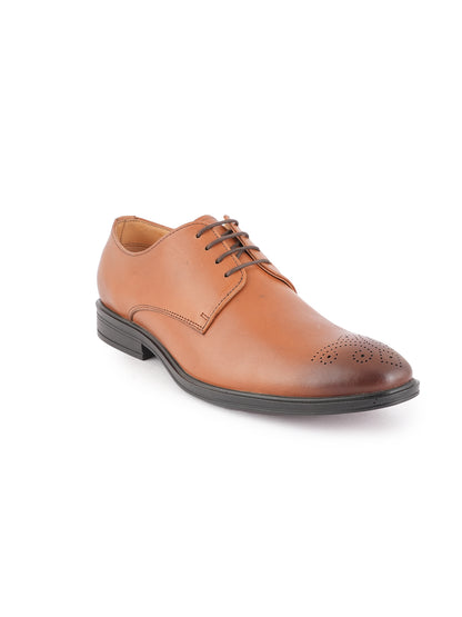 Tan Men Textured Leather Round Toe Formal Derbys
