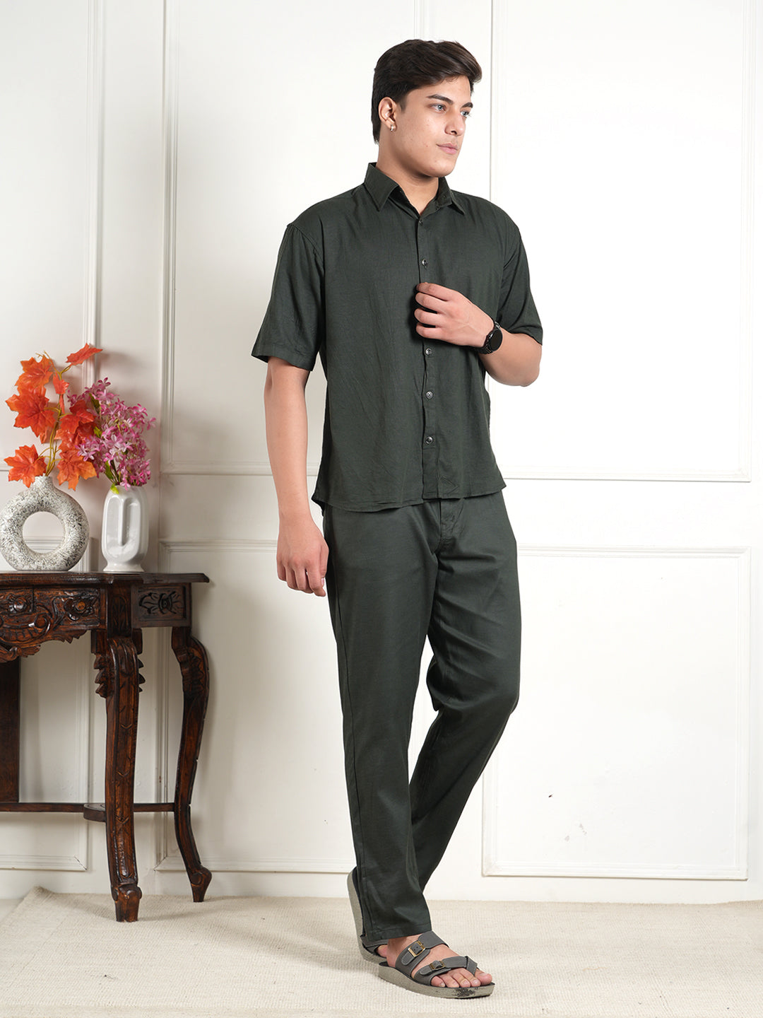 Dark Green Linen Collared Shirt and All Day Trouser Co-ord Set For Men