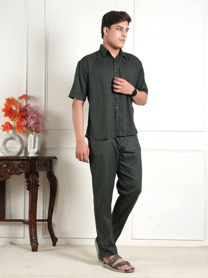 Dark Green Linen Collared Shirt and All Day Trouser Co-ord Set For Men