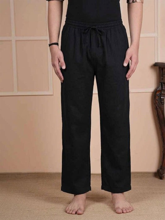 Men Mid-Rise Straight Black Linen Blend Lounge Pants