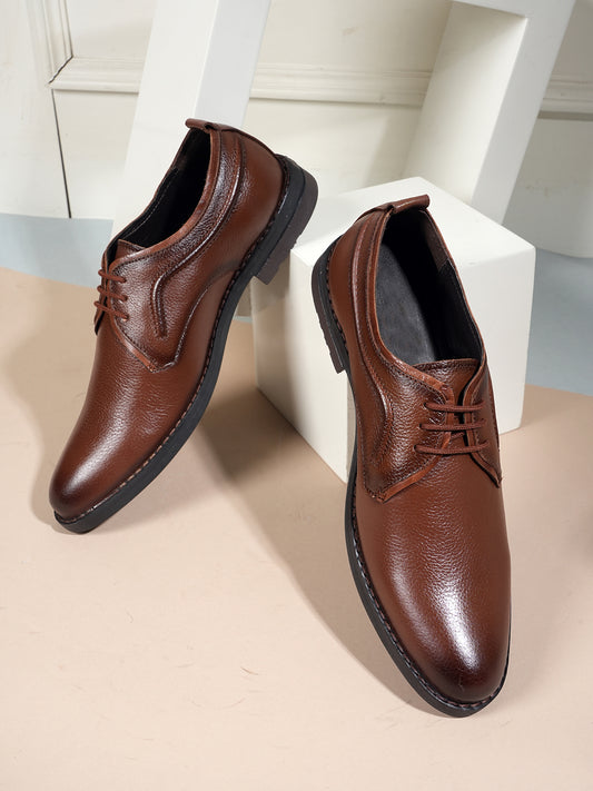 Tan Men Leather Formal Derby Shoes