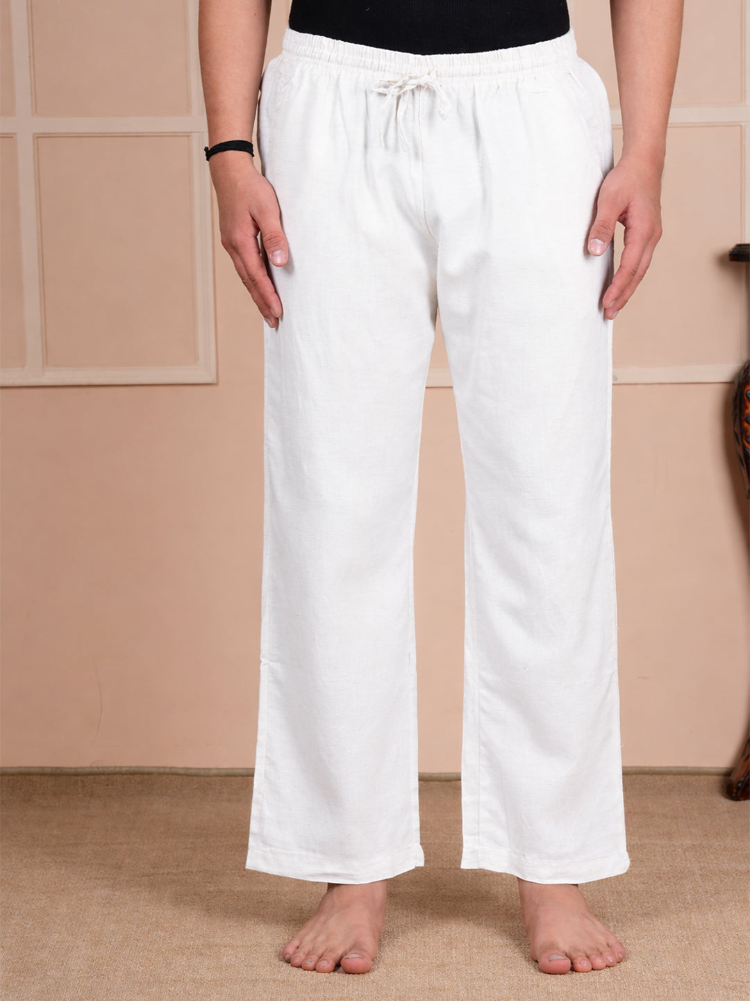 Men Mid-Rise Straight White Linen Blend Lounge Pants