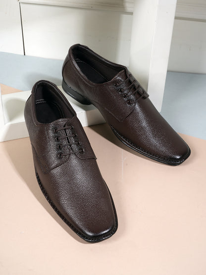 Brown Men Leather Round Toe Formal Derby Shoes