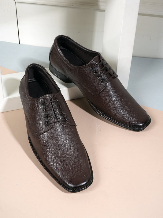 Brown Men Leather Round Toe Formal Derby Shoes