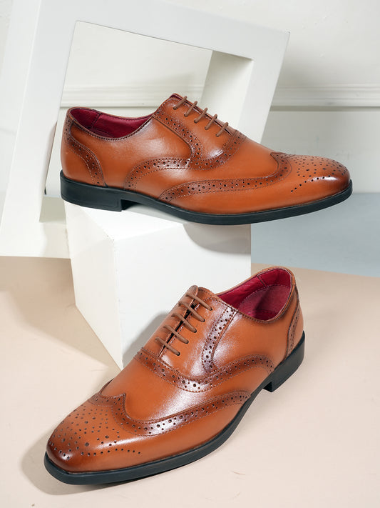 Tan Lace Up Men Leather Formal Brogue Shoes