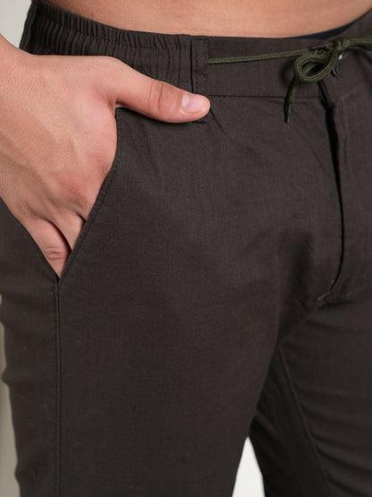 Men Relaxed Straight Leg High-Rise Easy Wash Brown Linen Trousers