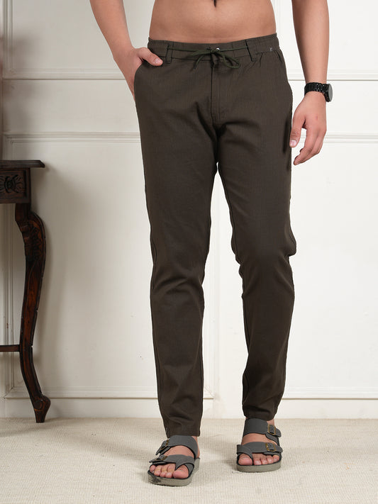 Men Relaxed Straight Leg High-Rise Easy Wash Dark Green Linen Trousers