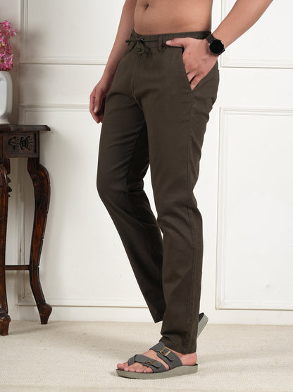 Men Relaxed Straight Leg High-Rise Easy Wash Dark Green Linen Trousers