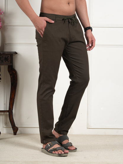 Men Relaxed Straight Leg High-Rise Easy Wash Dark Green Linen Trousers