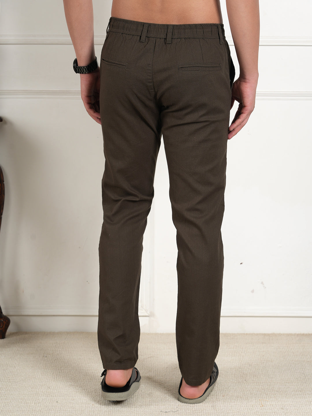 Men Relaxed Straight Leg High-Rise Easy Wash Dark Green Linen Trousers