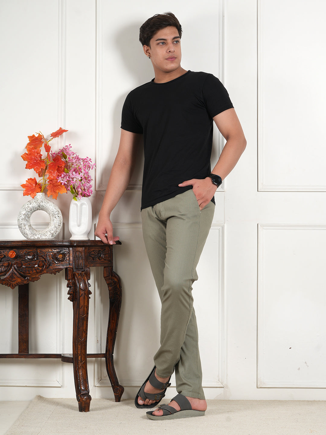 Men Relaxed Straight Leg High-Rise Easy Wash Mint Green Linen Trousers