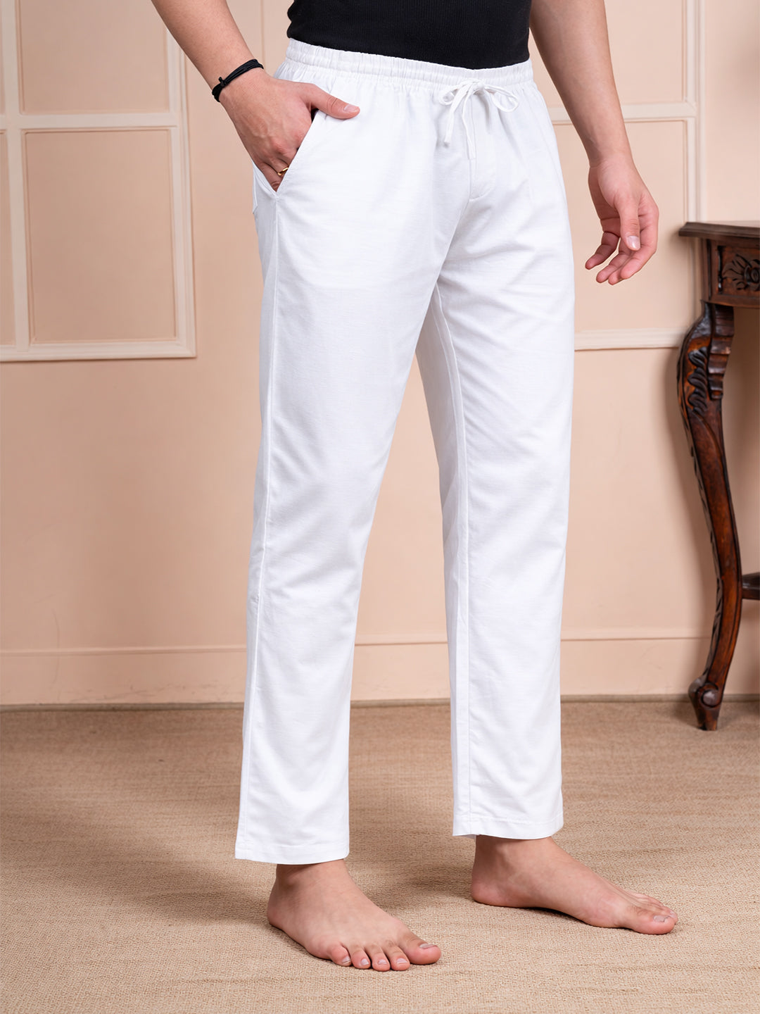 Men Mid-Rise Straight White Linen Blend Lounge Pants