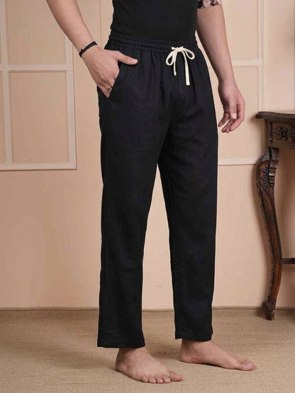 Men Mid-Rise Straight Black Linen Blend Lounge Pants