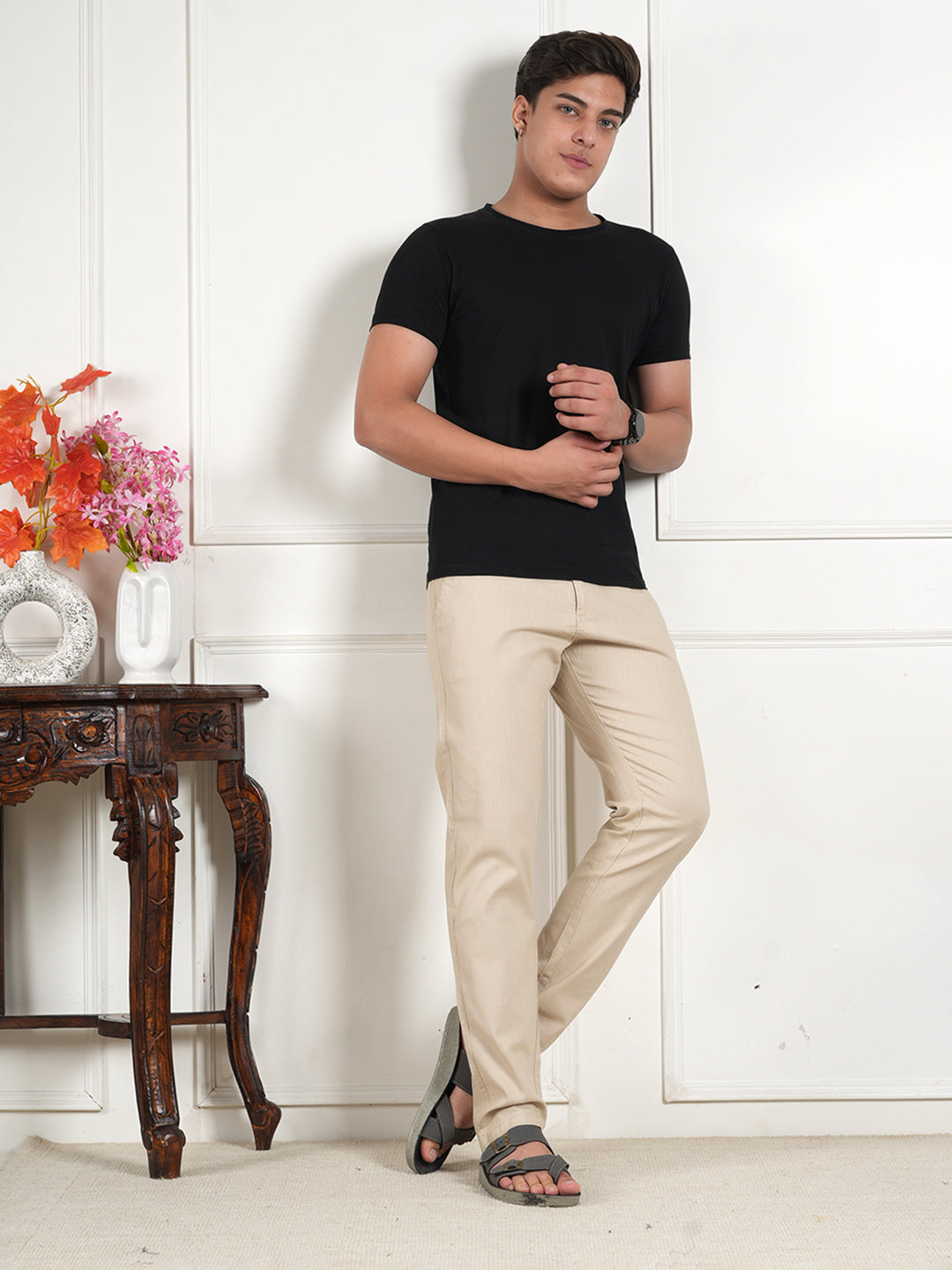 Men Relaxed Straight Leg High-Rise Easy Wash Beige Linen Trousers