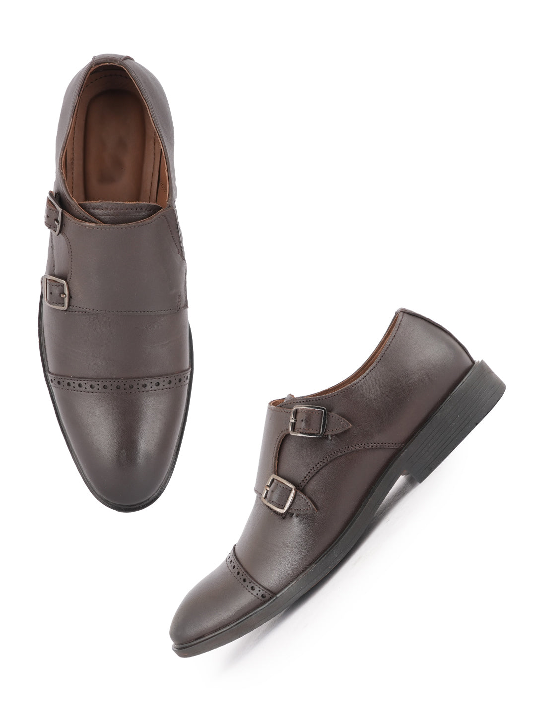 Brown Men Leather Formal Monk Shoes