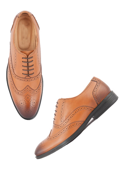 Tan Lace Up Men Leather Formal Brogue Shoes