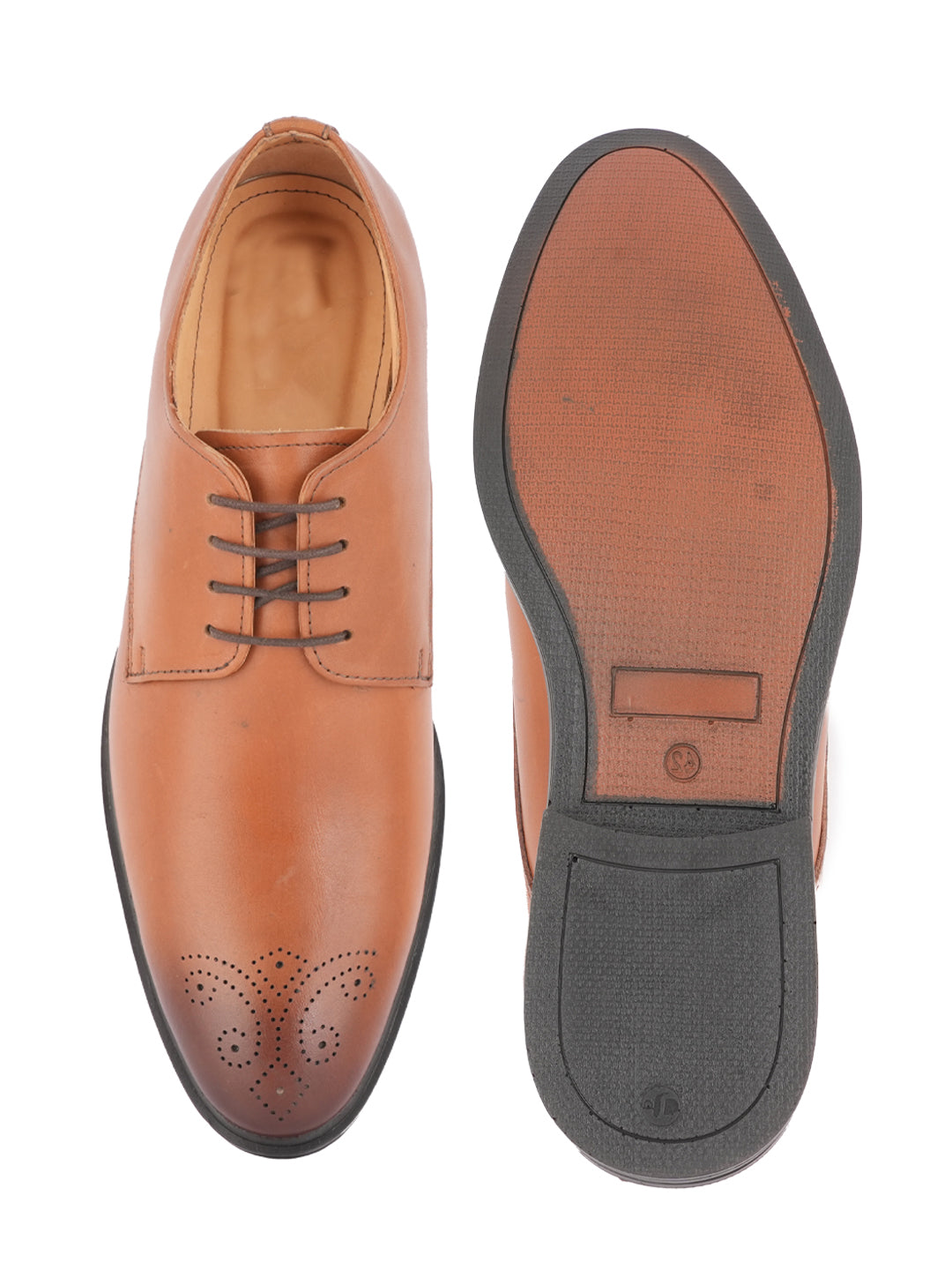Tan Men Textured Leather Round Toe Formal Derbys