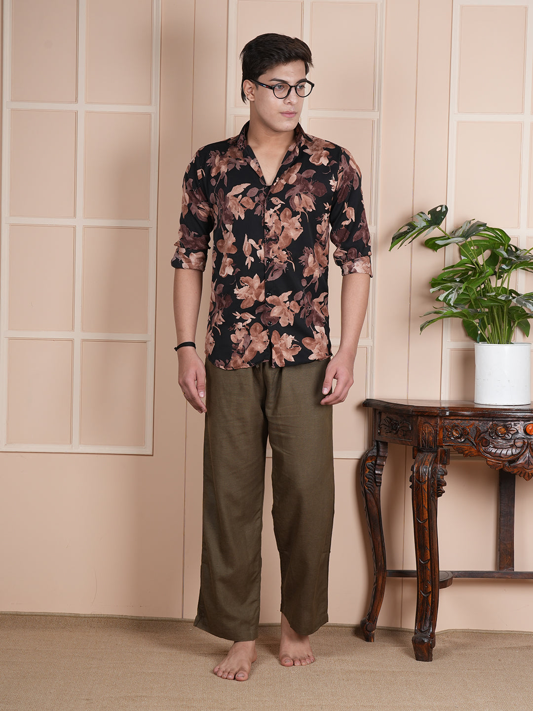 Men Mid-Rise Straight Olive Green Linen Blend Lounge Pants