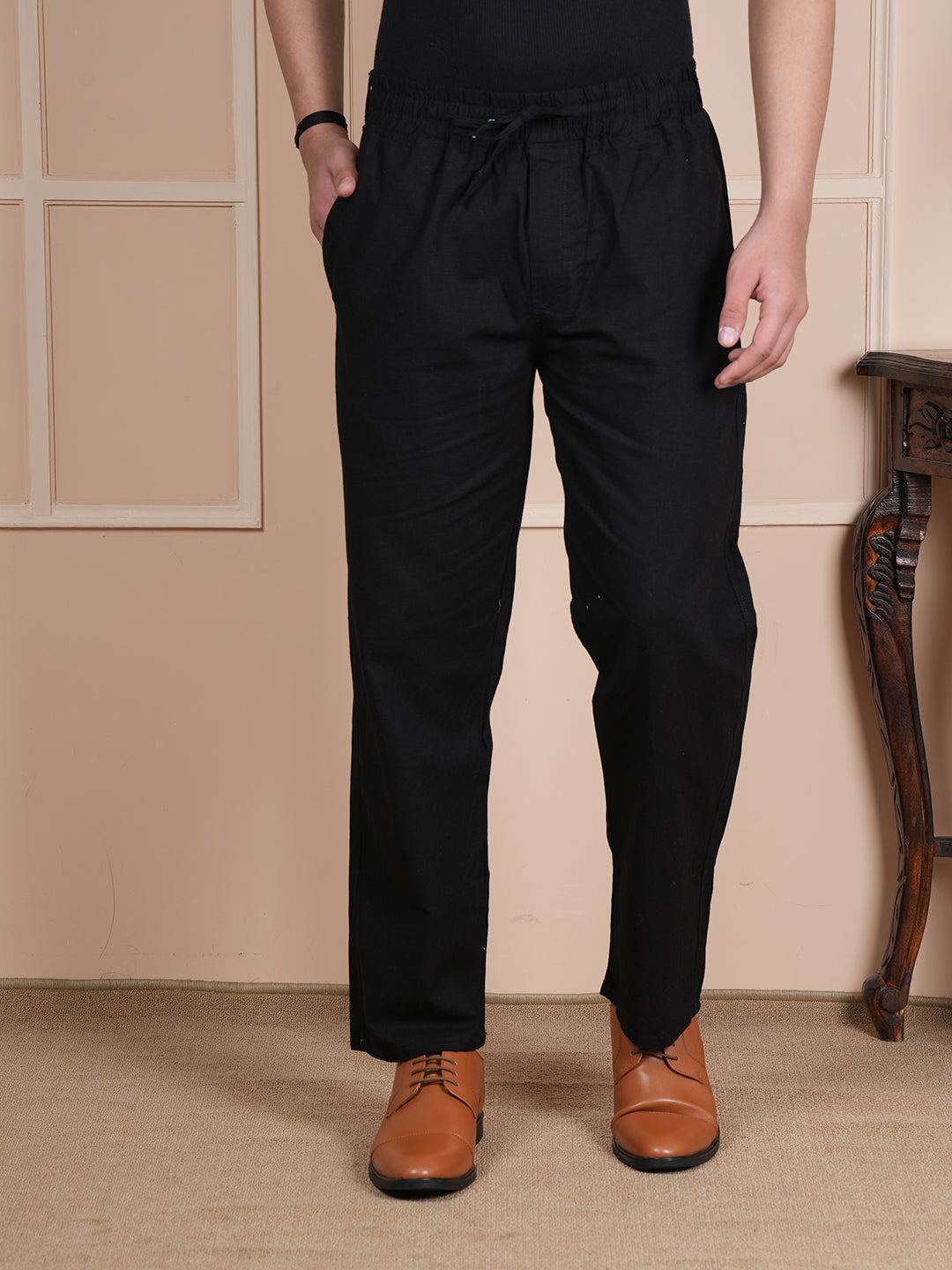 Men Relaxed Straight Leg Easy Wash Black Linen Blend Trousers