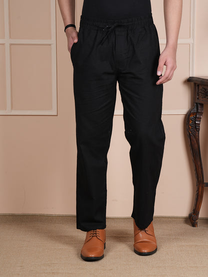 Men Relaxed Straight Leg Easy Wash Black Linen Blend Trousers