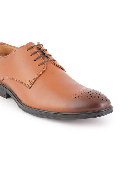 Tan Men Textured Leather Round Toe Formal Derbys