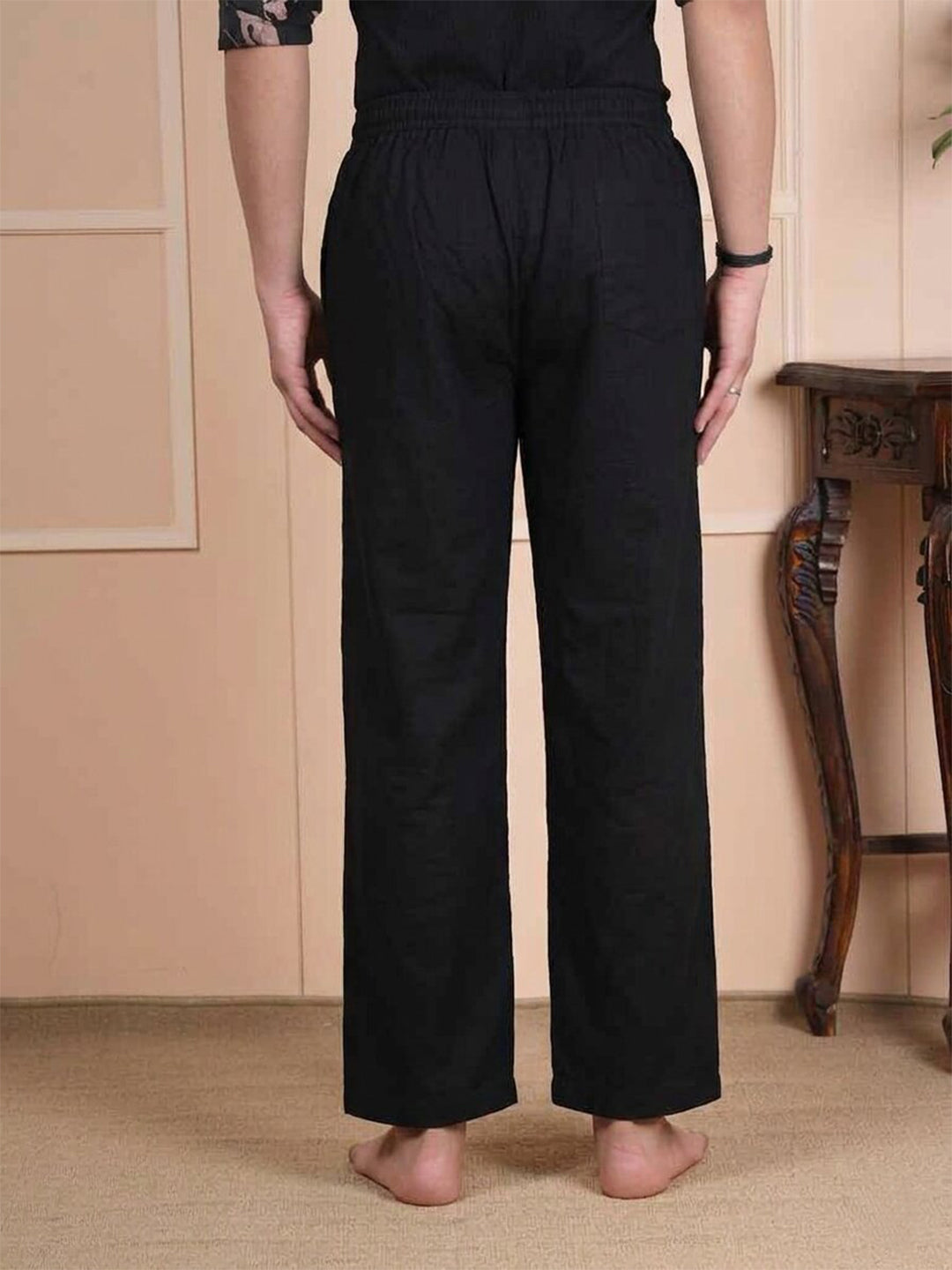 Men Mid-Rise Straight Black Linen Blend Lounge Pants