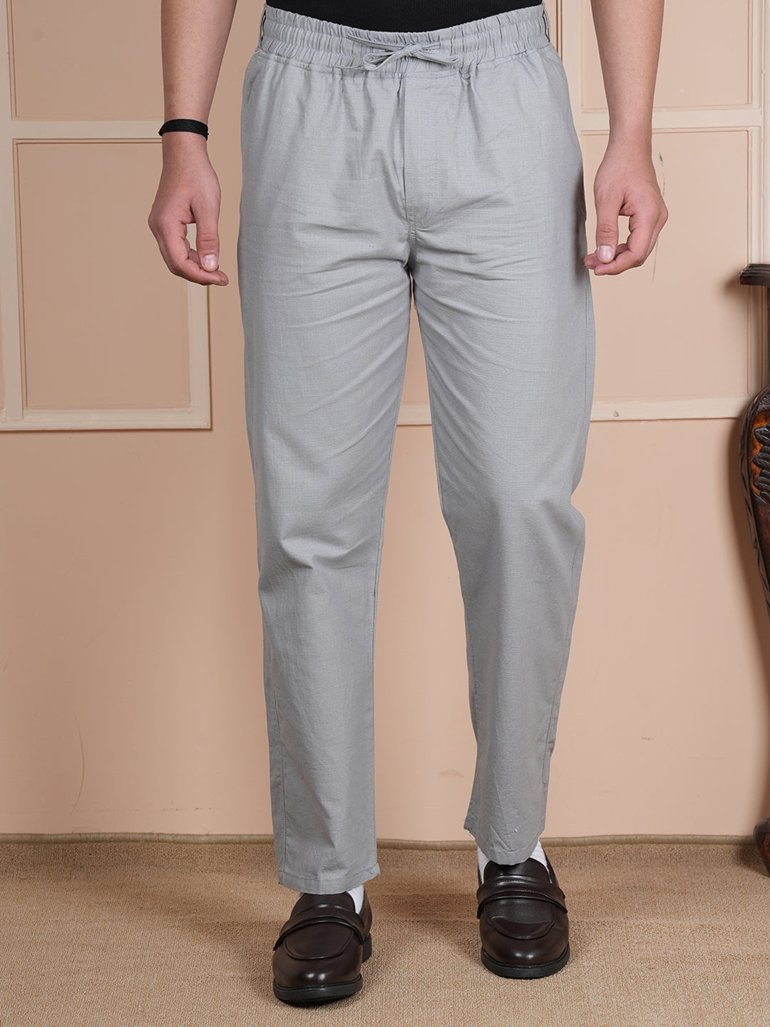 Men Relaxed Straight Leg Easy Wash Grey Linen Blend Trousers