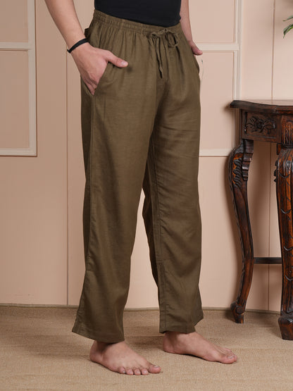 Men Mid-Rise Straight Olive Green Linen Blend Lounge Pants