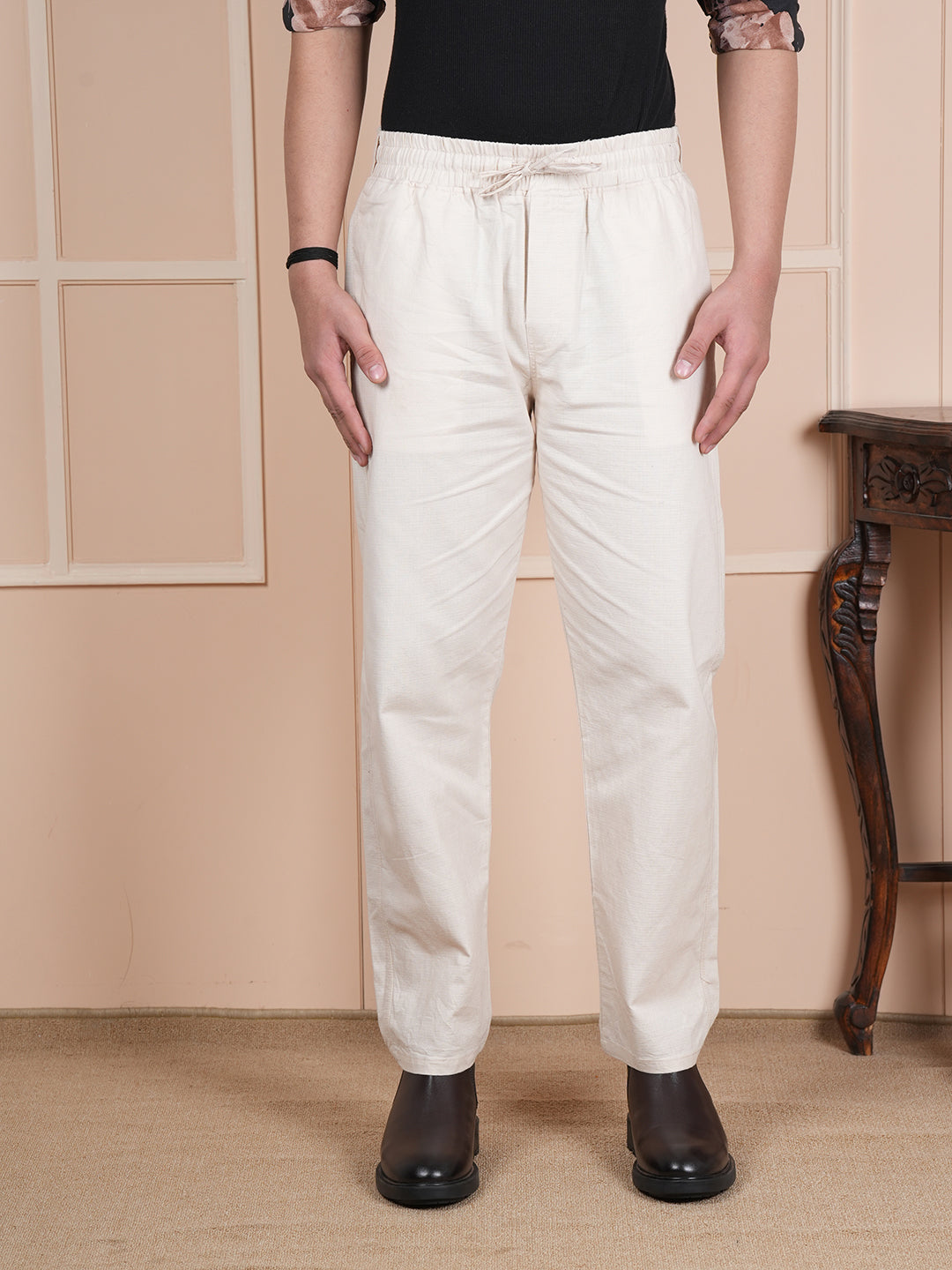 Men Relaxed Straight Leg Easy Wash Cream Linen Blend Trouser
