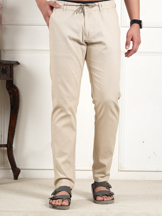 Men Relaxed Straight Leg High-Rise Easy Wash Beige Linen Trousers
