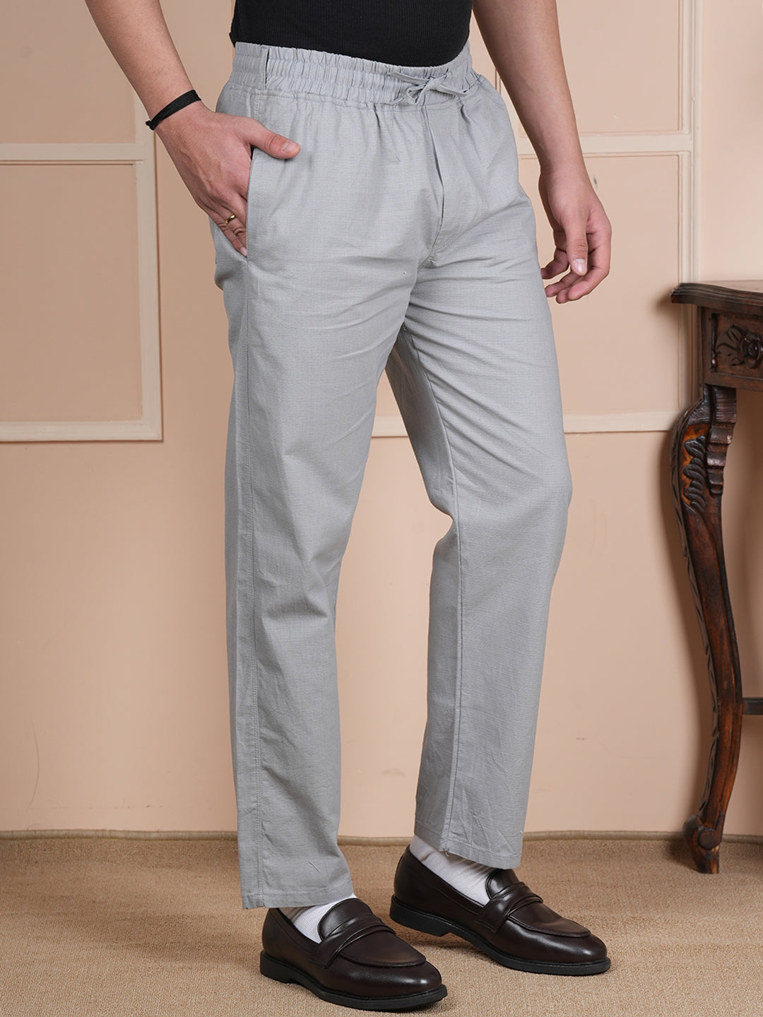 Men Relaxed Straight Leg Easy Wash Grey Linen Blend Trousers